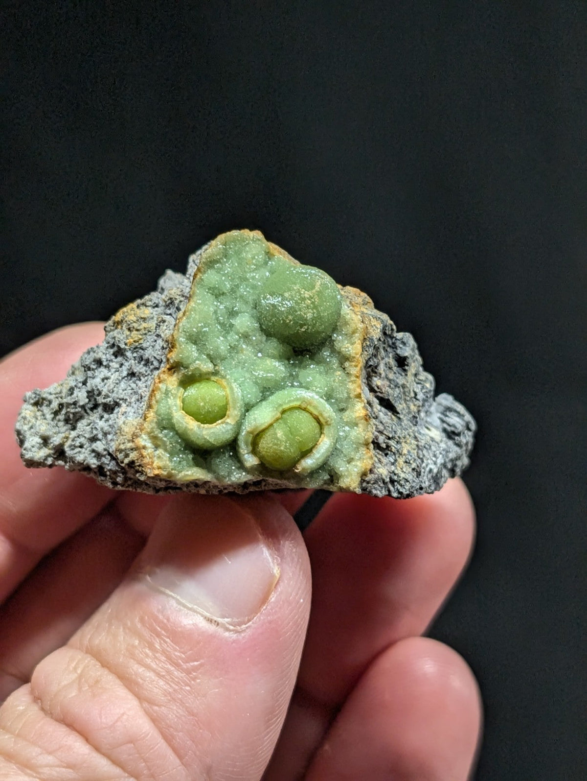 A hand holds a piece of green mineral with three rounded, pea-like formations embedded in its surface.
