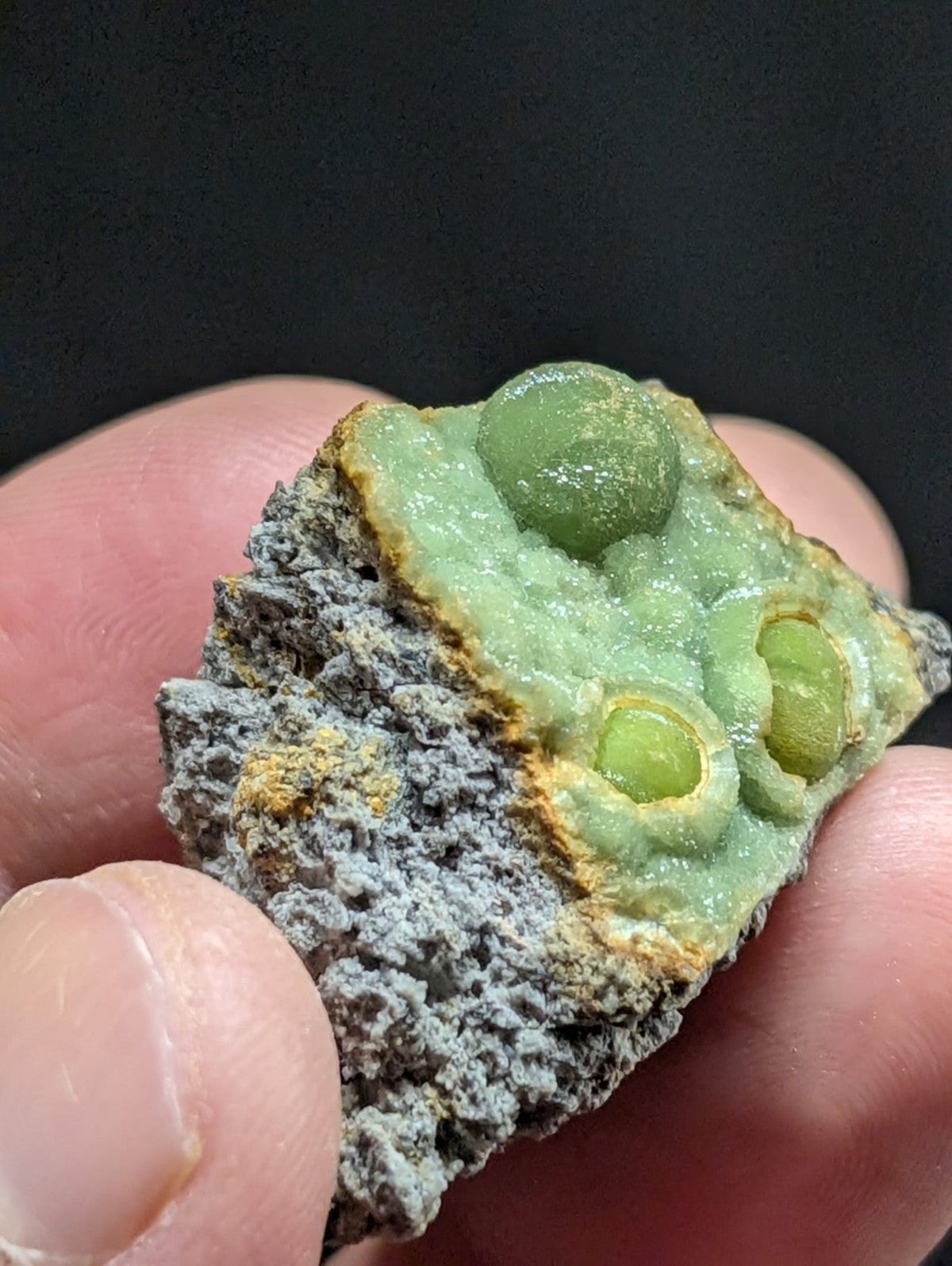 A hand holds a rough, grayish mineral specimen with three smooth, translucent green spheres embedded in its surface.