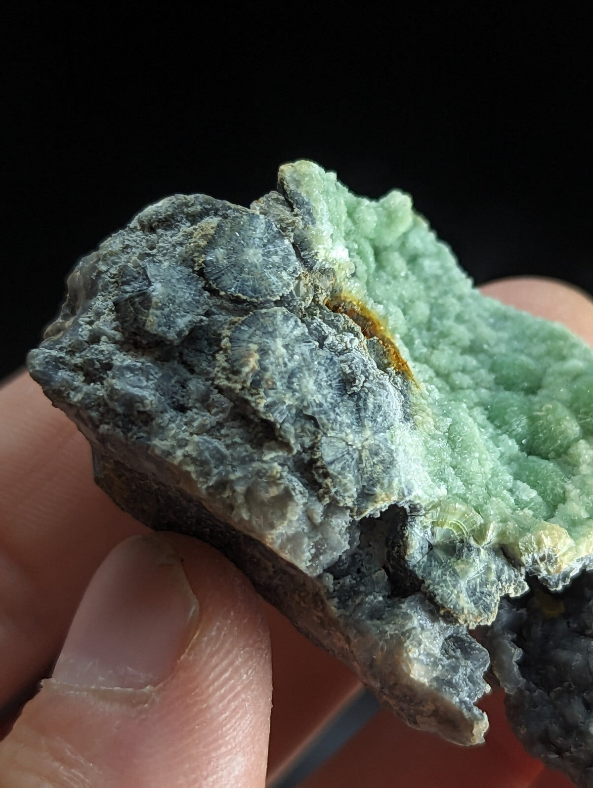 A textured, irregularly shaped mineral specimen with a mix of grayish-blue and vibrant green crystalline formations.