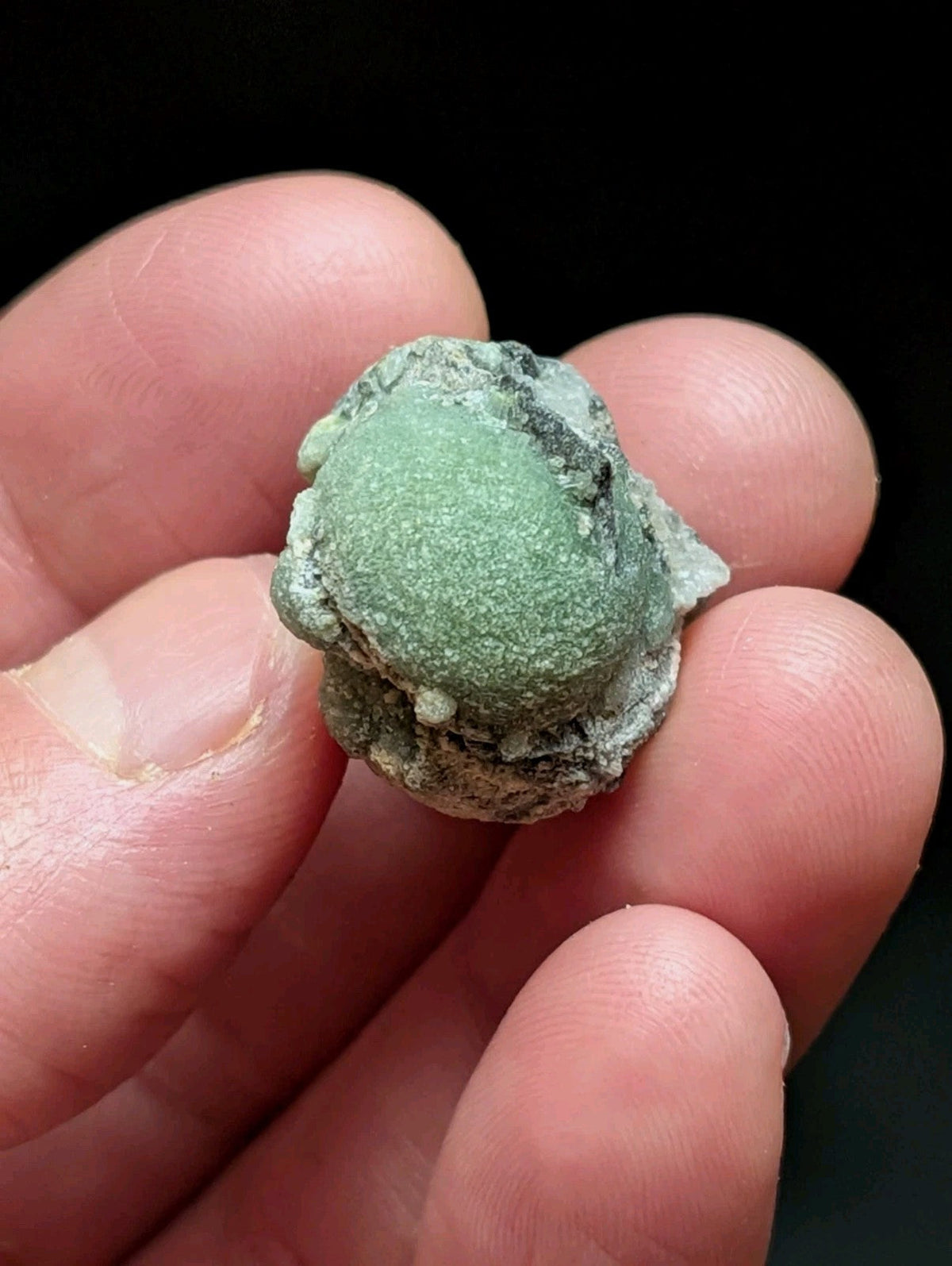 A small, greenish-blue, textured stone with a rough, uneven surface and visible mineral deposits.