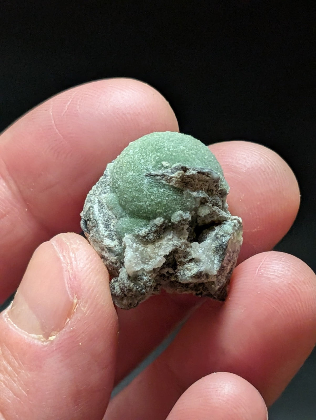 A small, greenish mineral specimen with a rounded, smooth surface and rougher, textured surrounding rock.