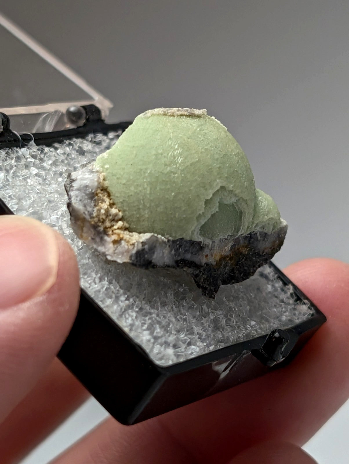 A pale green spherical green wavellite mineral with rough textured surface and dark edges in black display case from mauldin mountain Arkansas