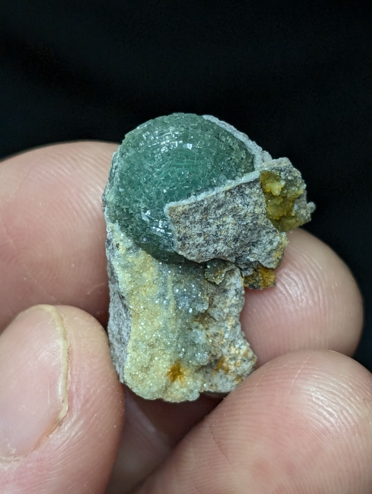 A polished green mineral specimen with a smooth, rounded surface and embedded yellowish crystalline inclusions.