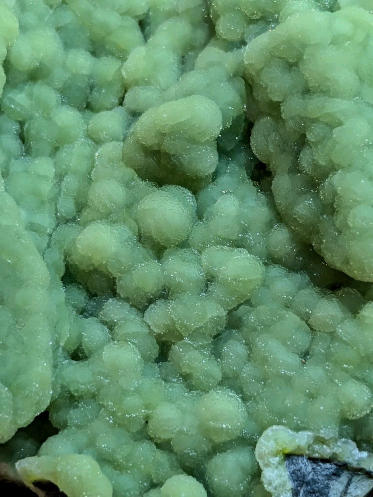 A cluster of translucent, pale green crystalline formations with a slightly rough and bubbly texture.