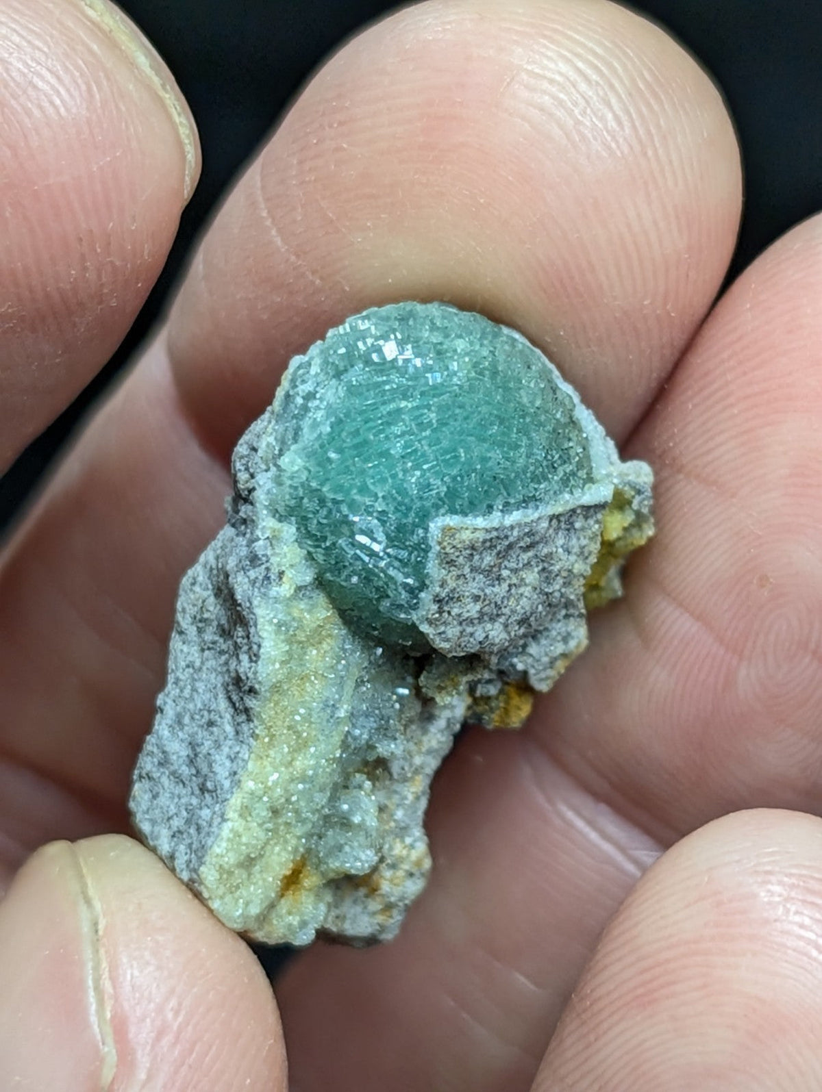 A translucent teal-green mineral specimen with a rounded, crystalline form nestled in a matrix of gray and yellowish rock.