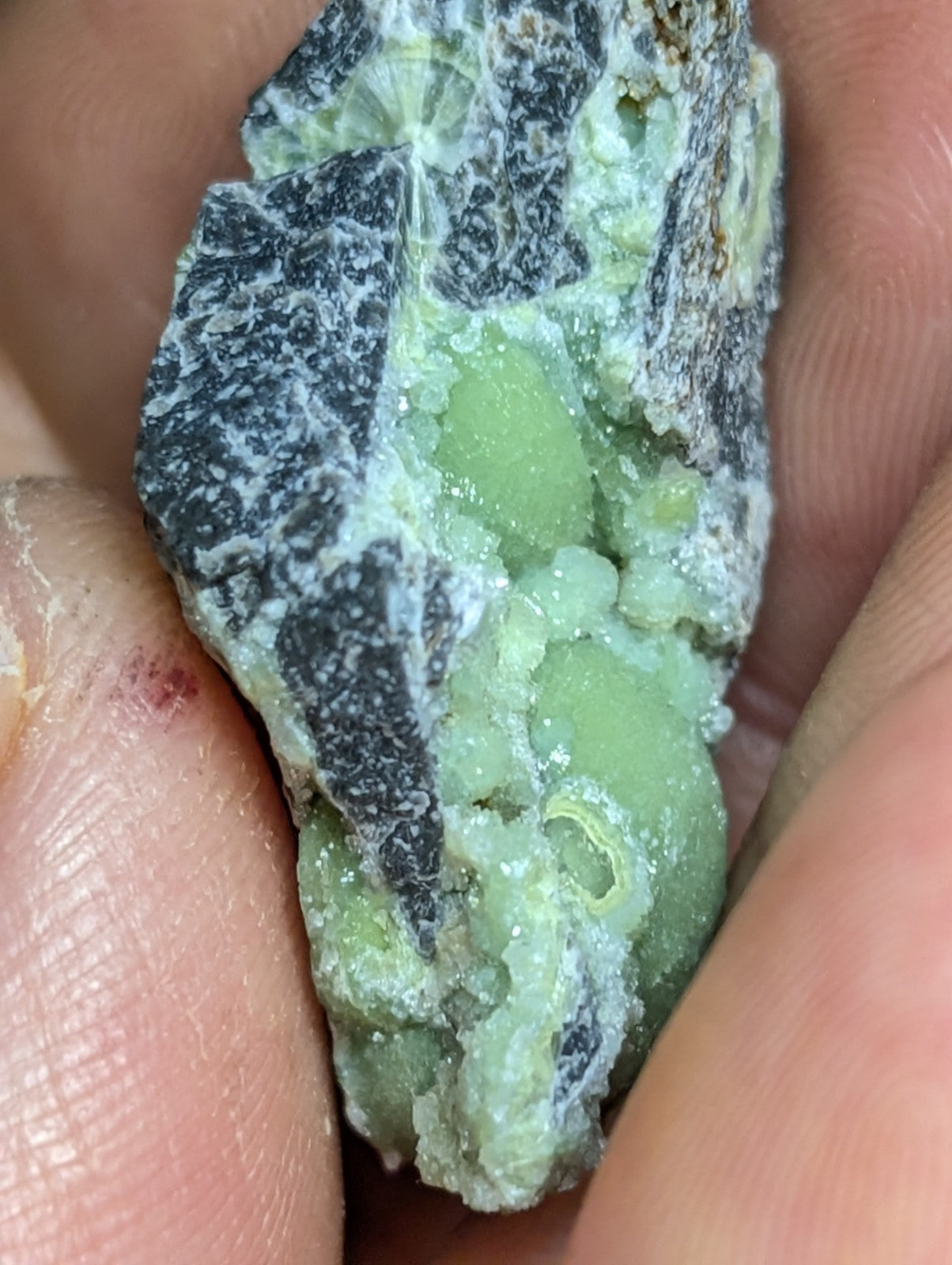 A rough, irregularly shaped piece of greenish mineral with dark veining and a crystalline texture.