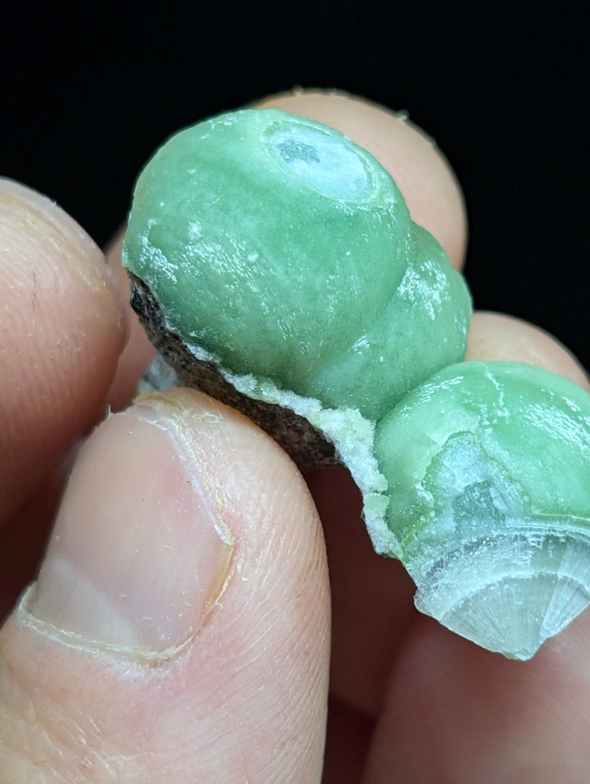 A translucent green mineral specimen with a smooth, rounded surface and visible internal crystalline structure.