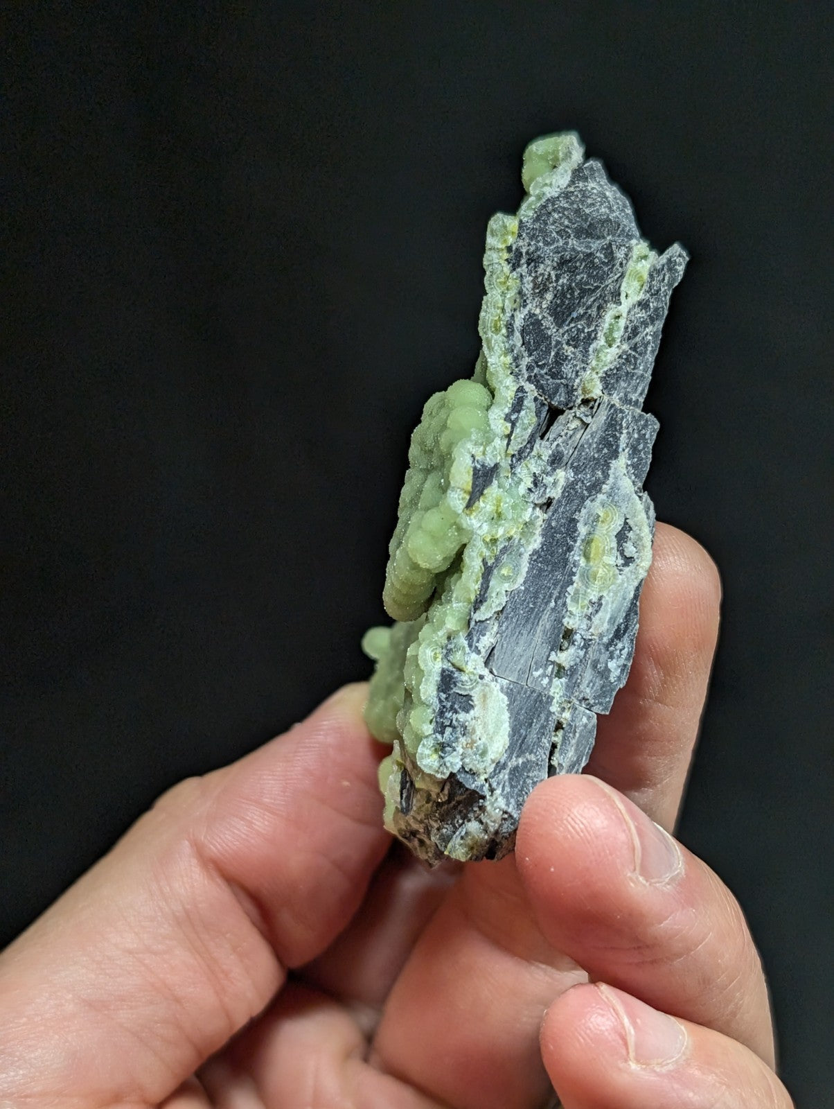 A hand holds a natural mineral specimen featuring dark gray rock with vibrant green, bead-like crystals growing from its surface.
