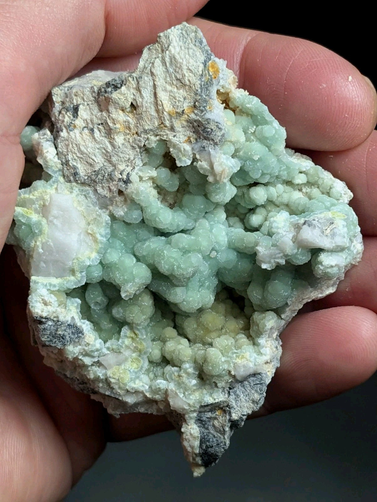 A hand holds a natural mineral specimen featuring clusters of light green, bead-like crystals growing from a rougher matrix of gray and white rock.