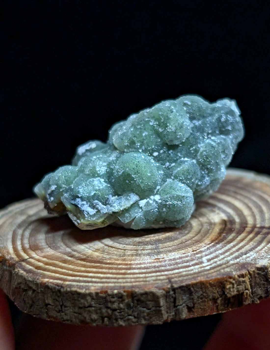 A textured, pale green mineral specimen with a crystalline, bubbly surface rests on a circular wooden slice.