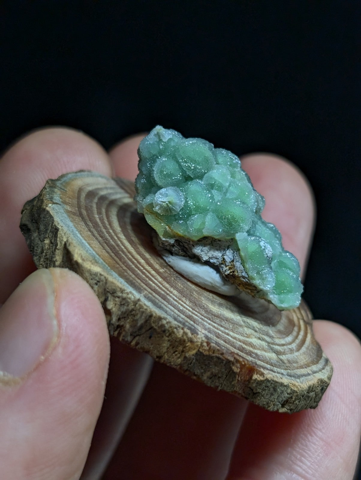 A delicate cluster of translucent green crystals rests atop a rustic, circular wooden slice.
