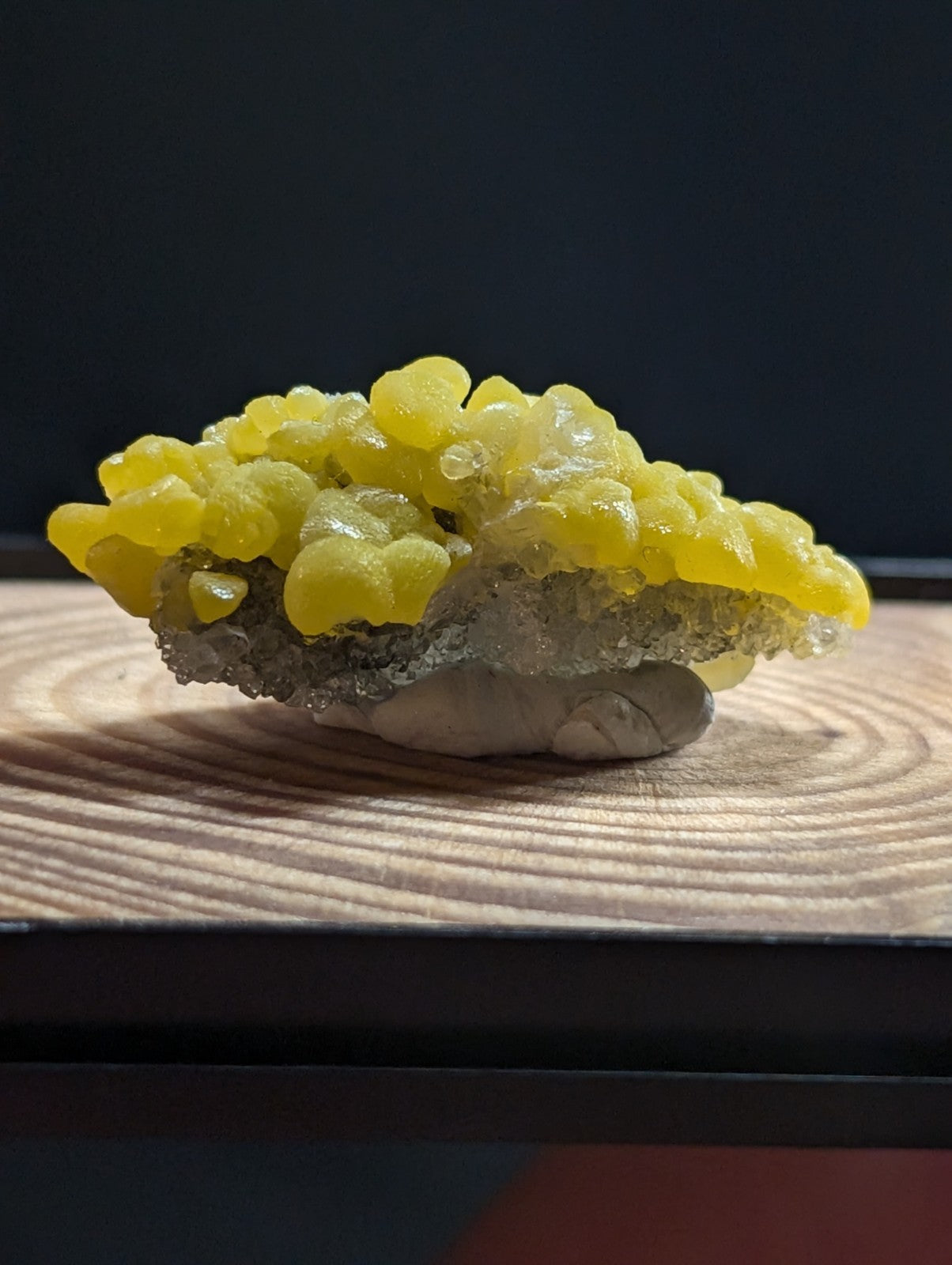 Vibrant yellow, translucent, bubble-like mineral formations rest atop a gray crystalline base.
