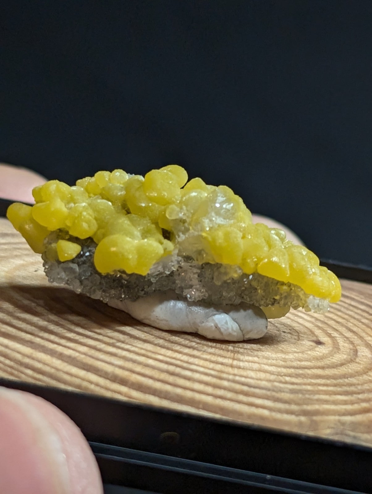 A vibrant yellow, bumpy mineral specimen with a crystalline texture rests atop a grayish base.