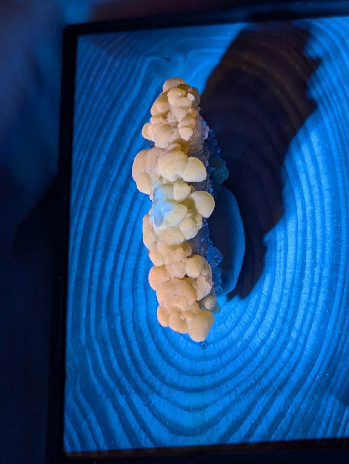 A pale yellow, clustered mineral specimen with a rough, bubbly texture mounted on a dark base.