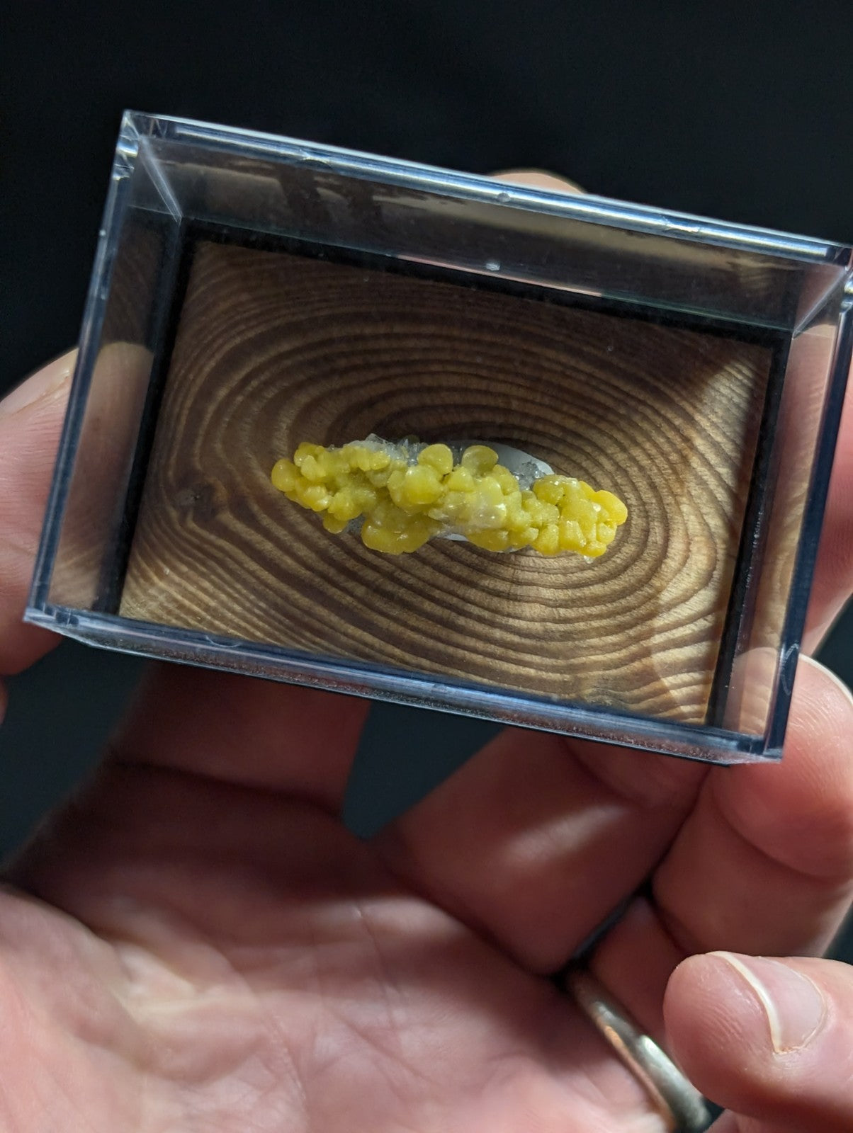 A vibrant yellow, clustered mineral specimen displayed in a clear acrylic box with a wooden base.