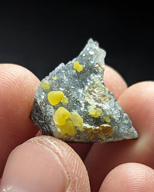 A hand holds a gray, crystalline rock specimen featuring vibrant yellow mineral inclusions and subtle golden flecks.