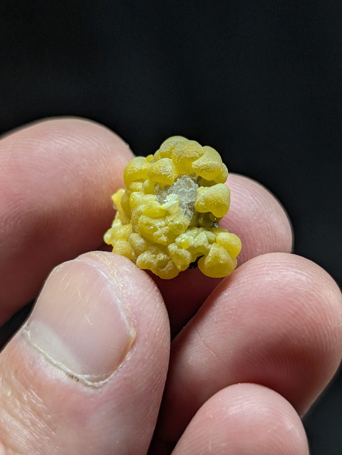 A vibrant yellow, textured mineral specimen with a crystalline center held gently between fingers.