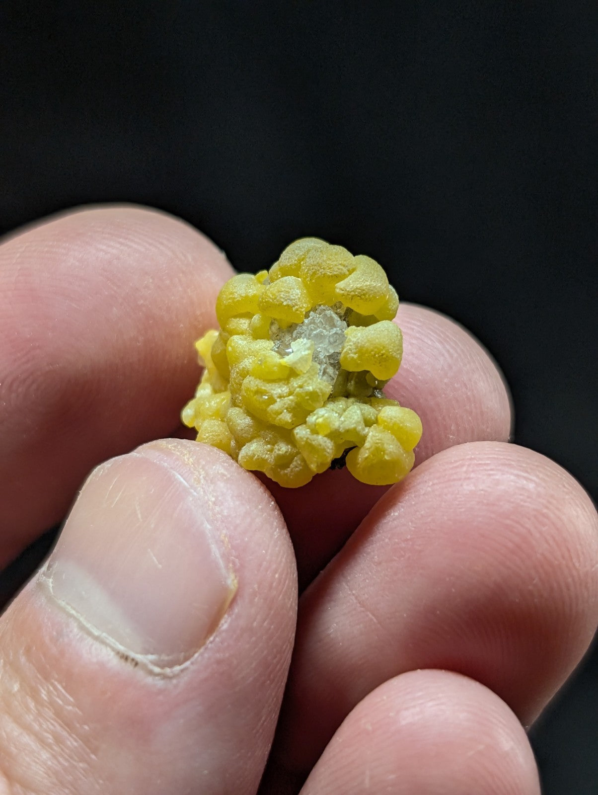 A vibrant yellow, textured mineral specimen with a crystalline center held gently between fingers.