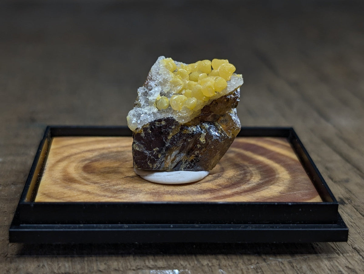 A striking yellow and white mineral specimen with a crystalline, bead-like formation atop a dark, textured rock base.