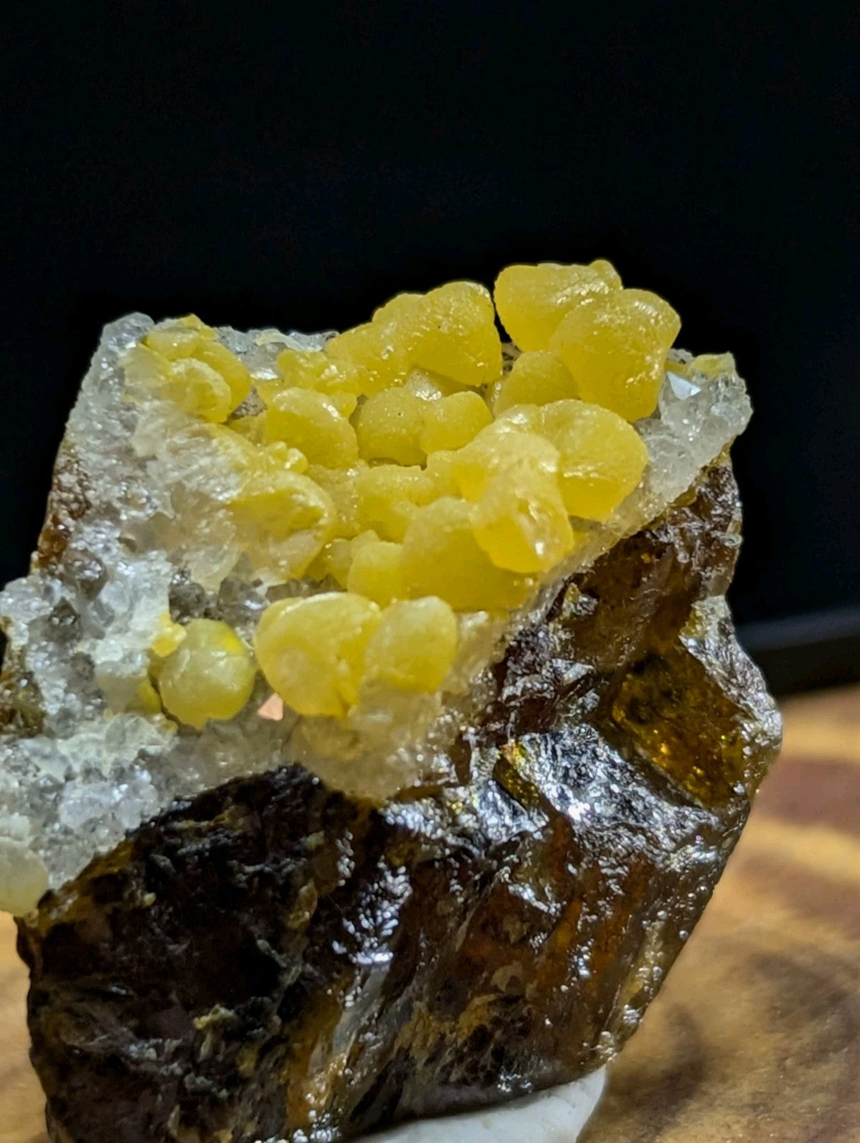 A vibrant yellow, translucent mineral cluster grows atop a dark brown rock base with crystalline white formations.