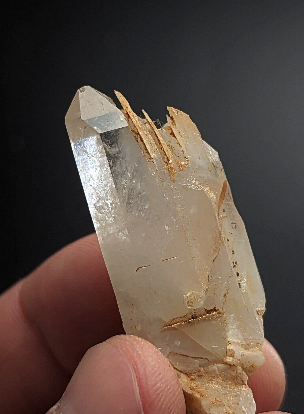 A translucent, clear quartz crystal with golden mineral inclusions and a pointed tip.