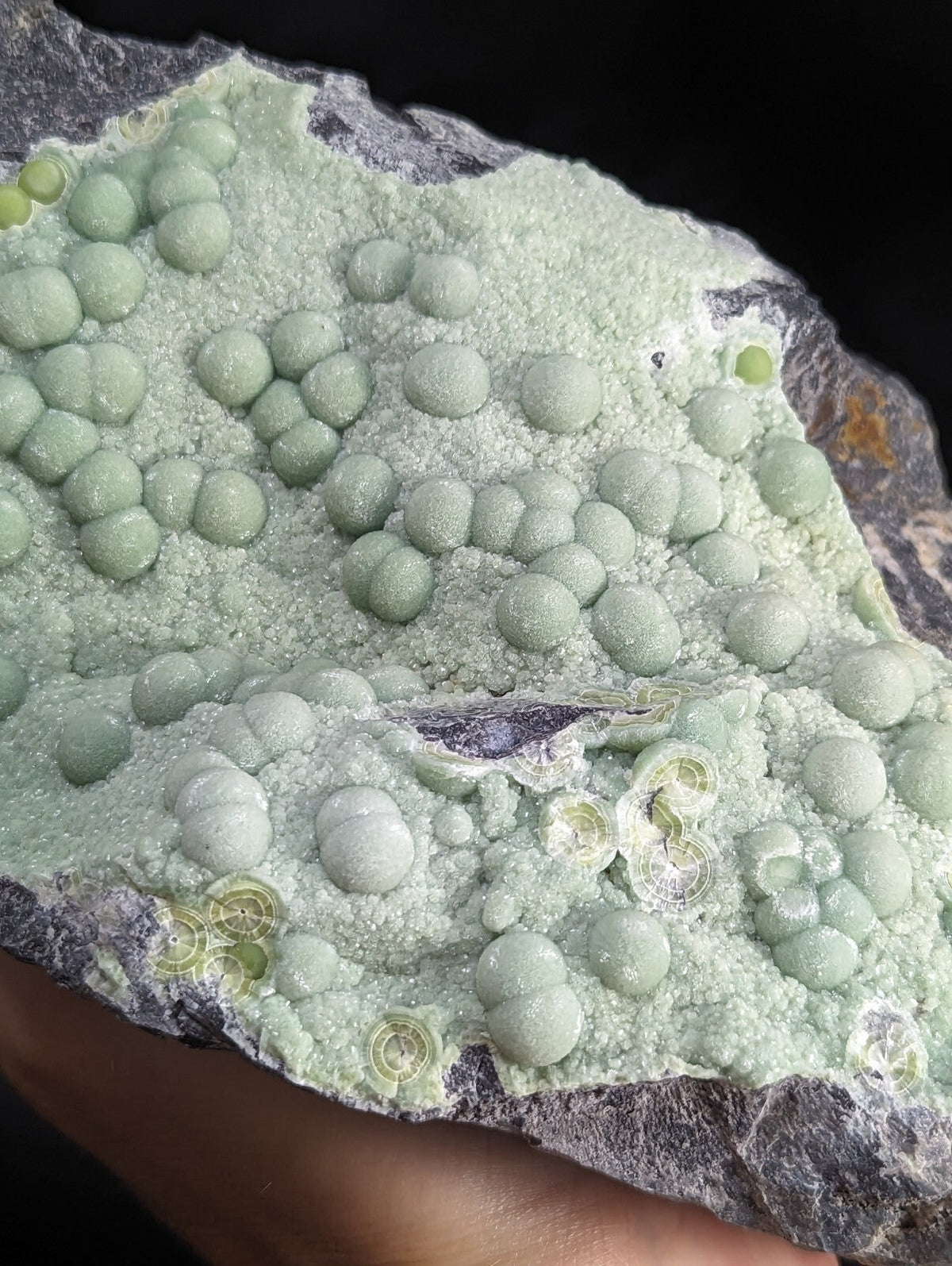 A pale green, spherical mineral formation with a crystalline texture and subtle yellowish highlights.