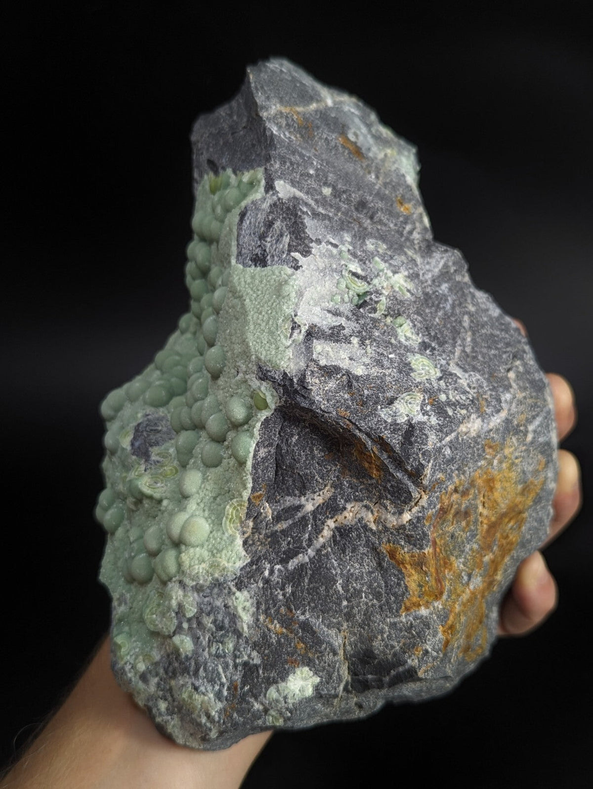 A hand holds a dark gray rock specimen featuring clusters of light green, bead-like mineral formations and patches of orange-yellow mineral veins.