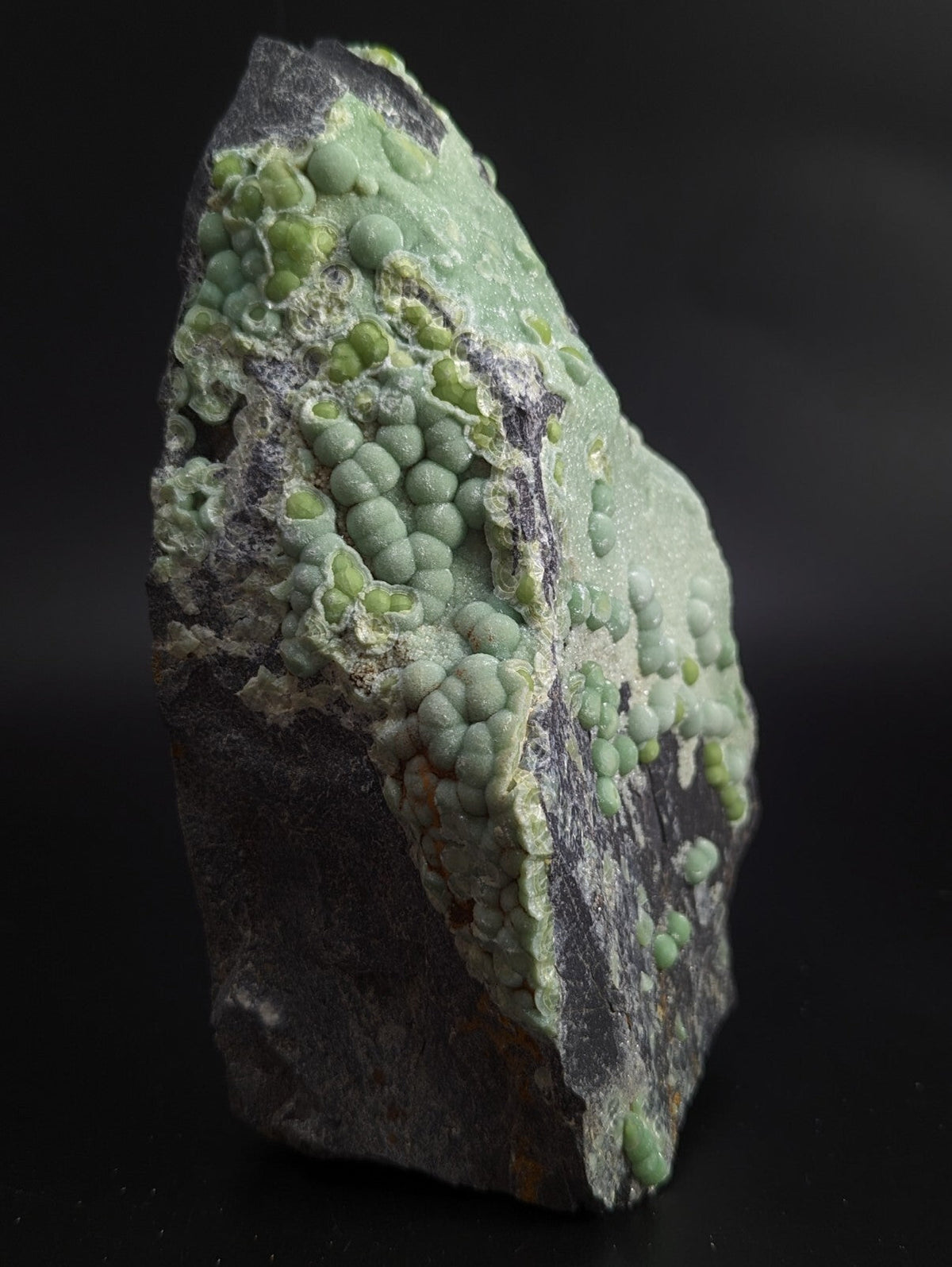A striking greenish mineral specimen featuring clusters of rounded, bead-like formations against a dark gray rock base.