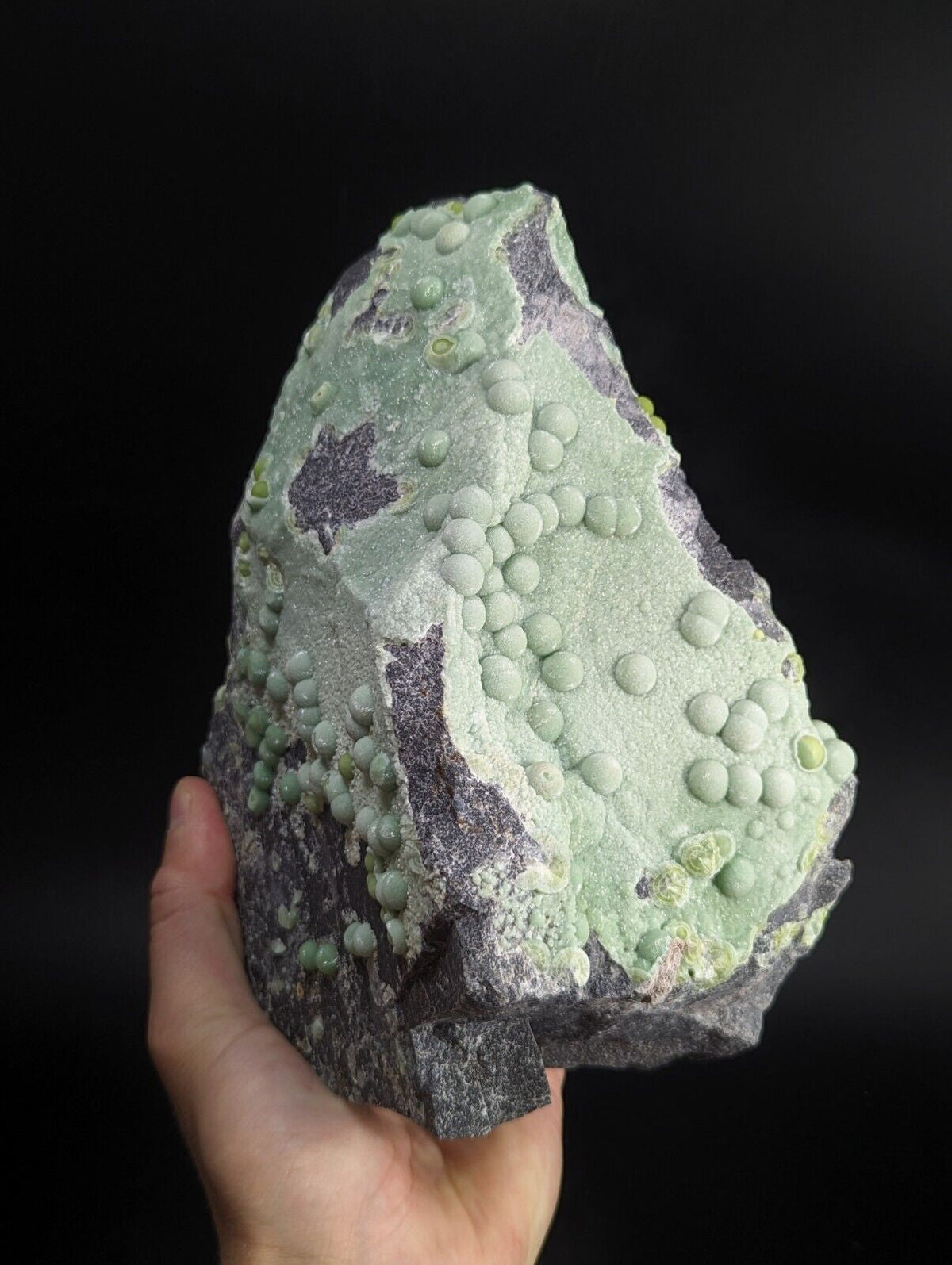 A hand holds a striking green and gray mineral specimen featuring numerous small, rounded nodules across its surface.