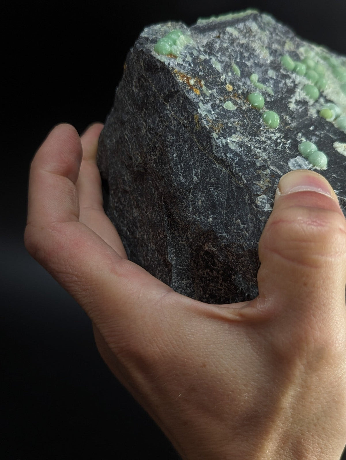 A dark, rough-textured rock with scattered light green spherical inclusions.