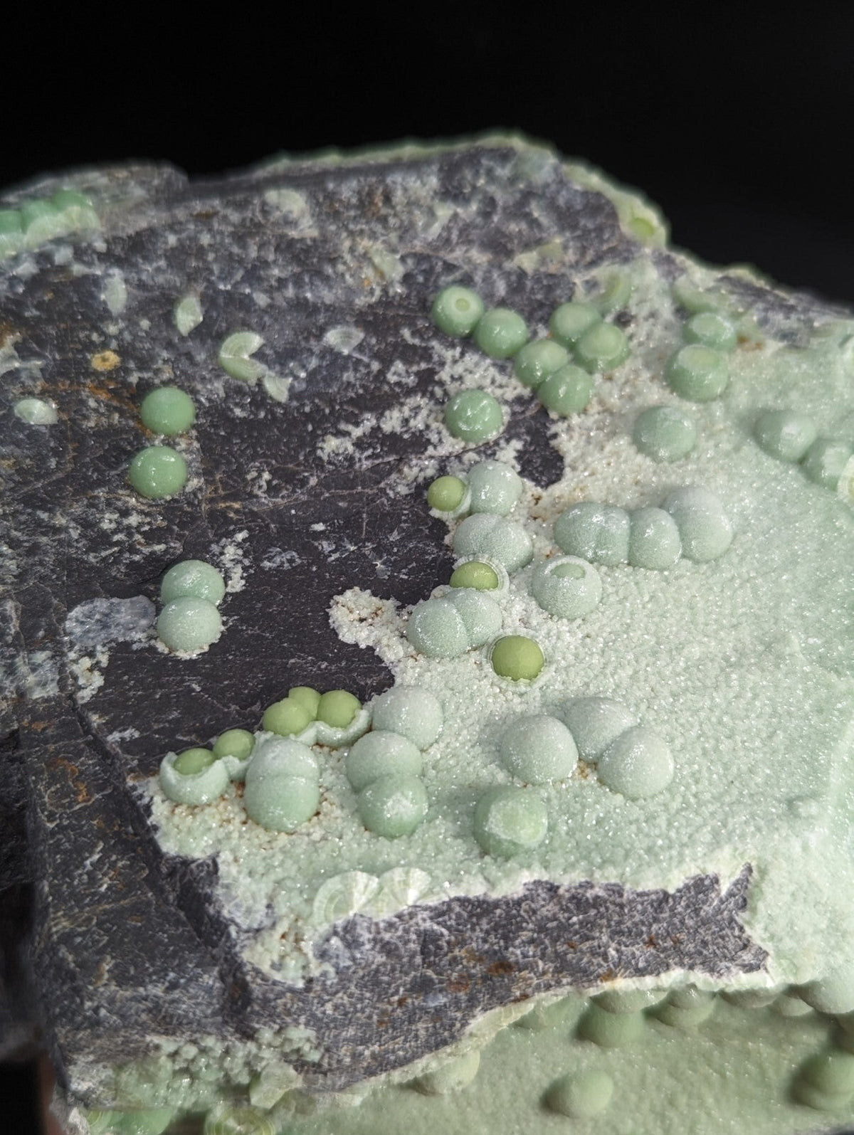 A cluster of pale green, spherical mineral formations grows from a dark gray rock surface.