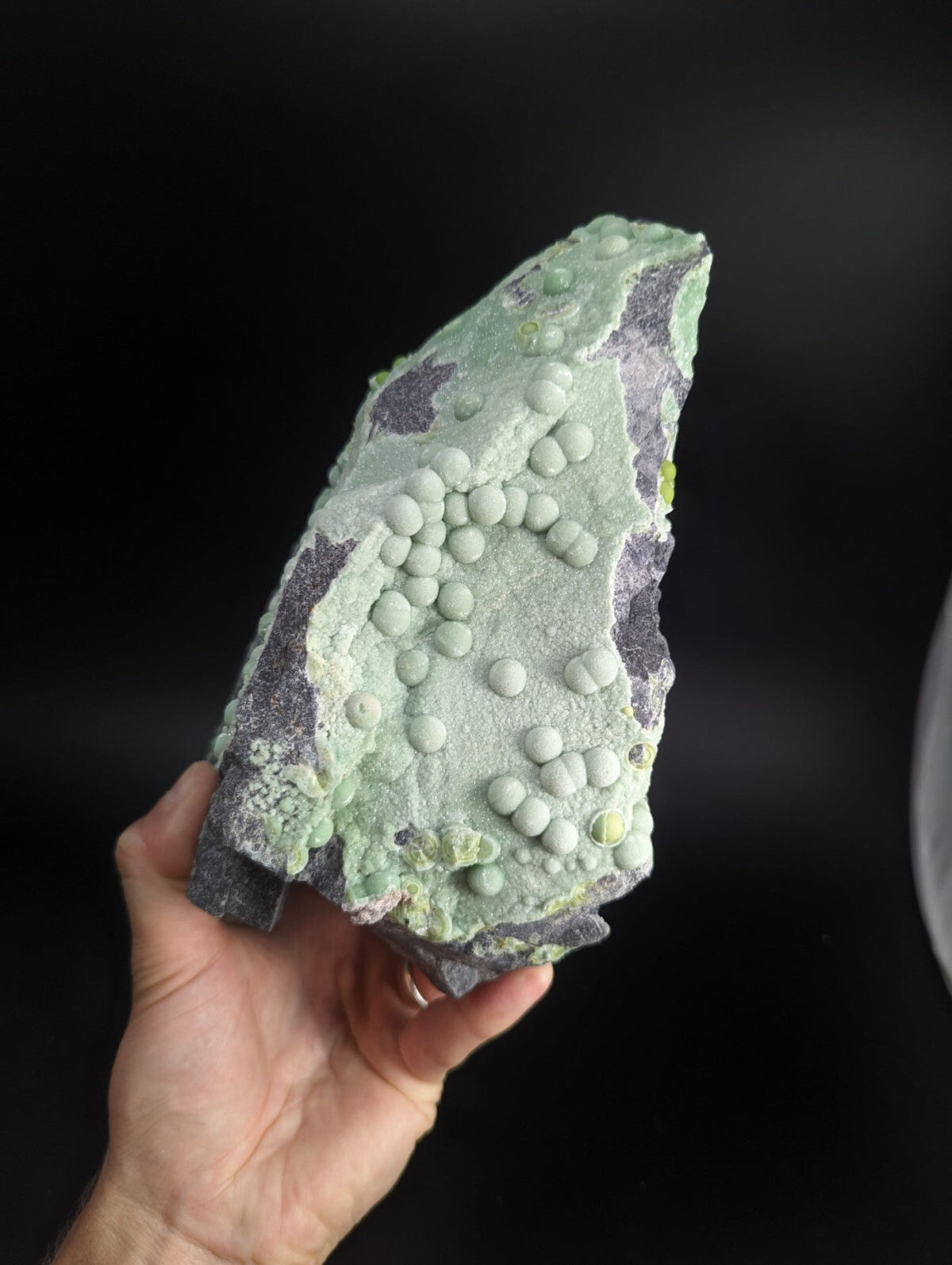 A hand holds a striking green and purple mineral specimen featuring numerous small, rounded nodules across its surface.