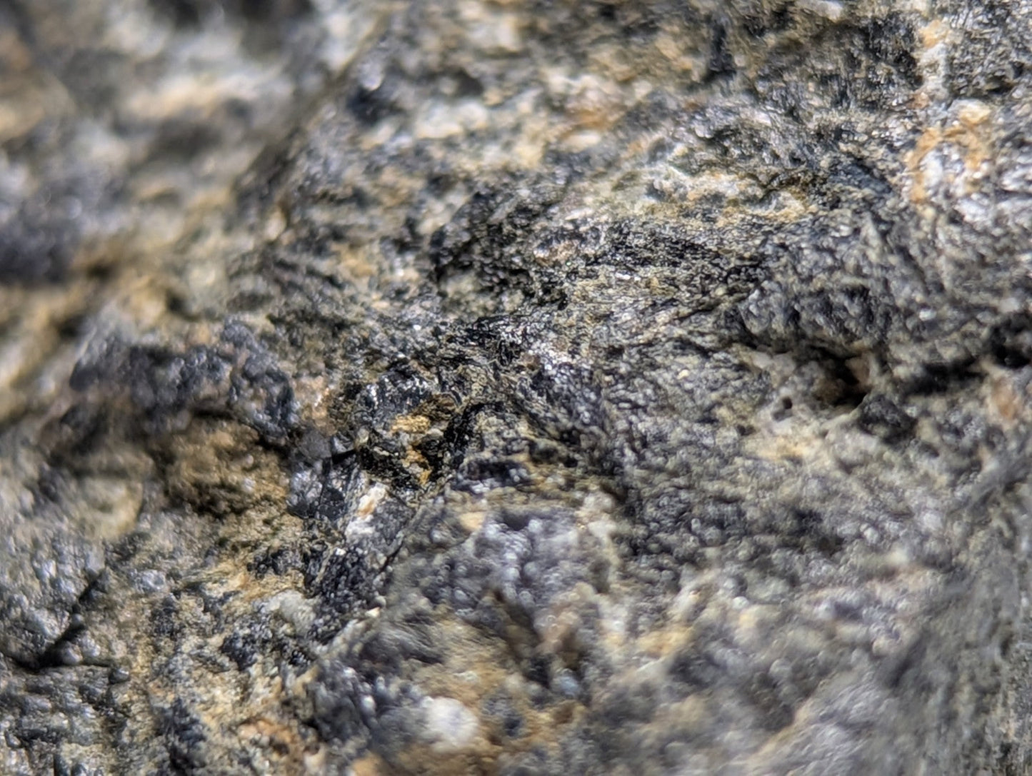 Rugged speckled gray and black jacupirangite granite rock surface with coarse textured finish from magnet cove arkansas