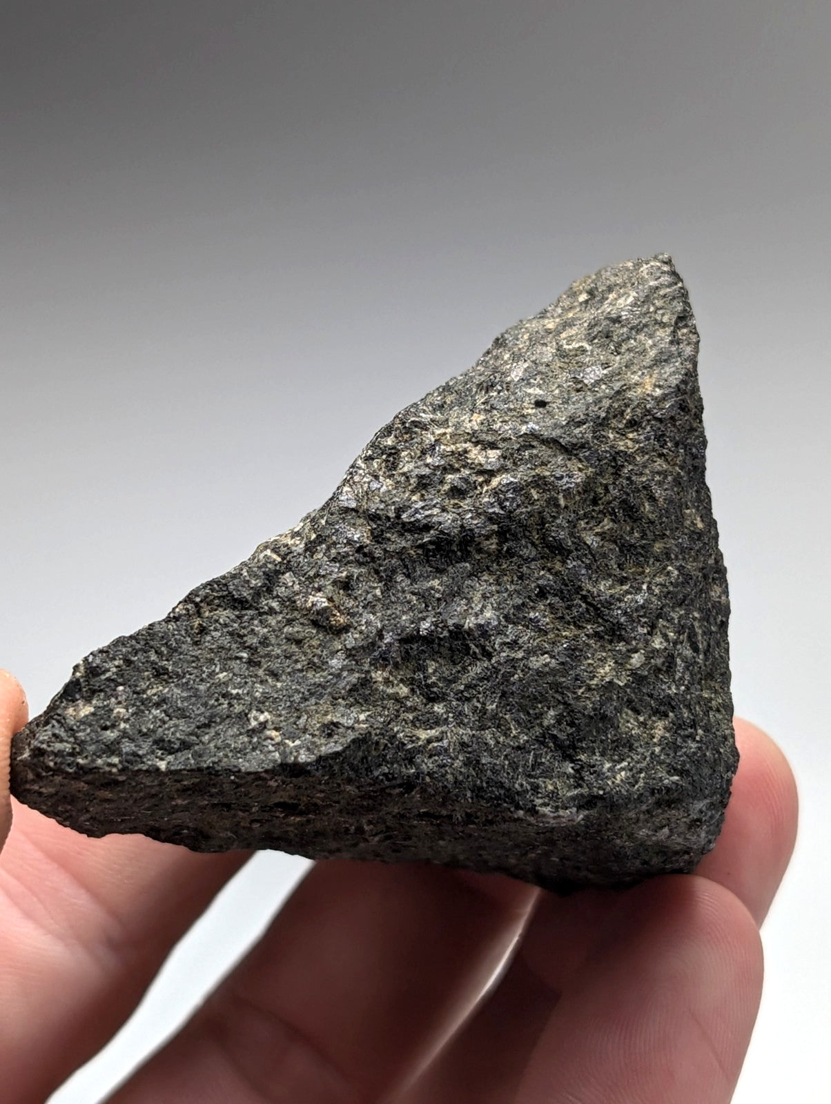 A dark rough-textured jacupirangite rock with speckled gray and black surface from magnet cove arkansas