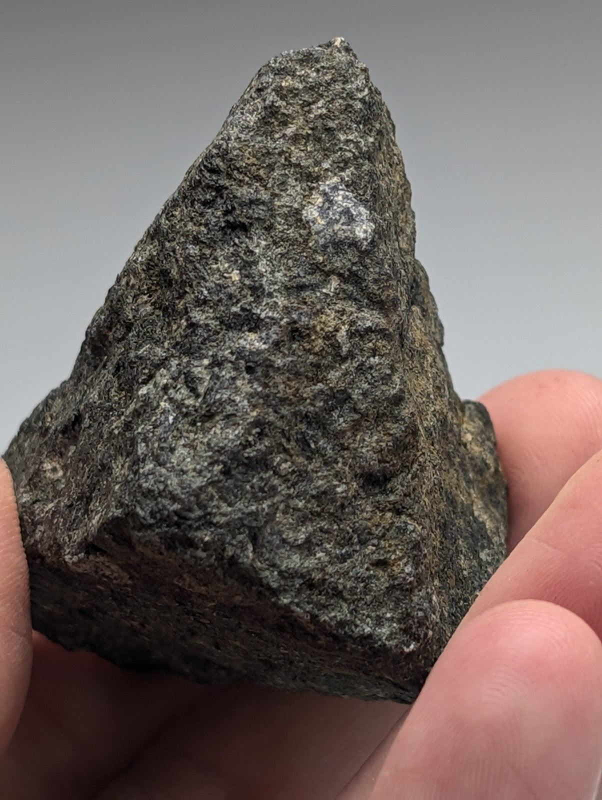A dark, rough-textured jacupirangite rock with pointed tip and speckled gray surface from magnet cove, arkansas held in hand