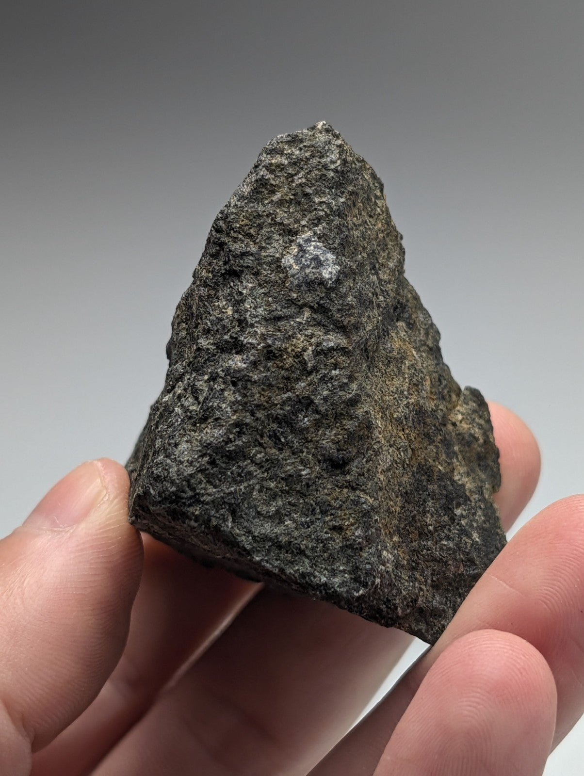 A dark rough-textured triangular jacupirangite rock with speckled surface from magnet cove Arkansas held in hand