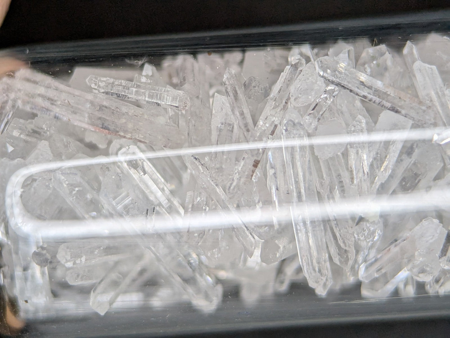 Clear quartz crystals in a transparent container.
