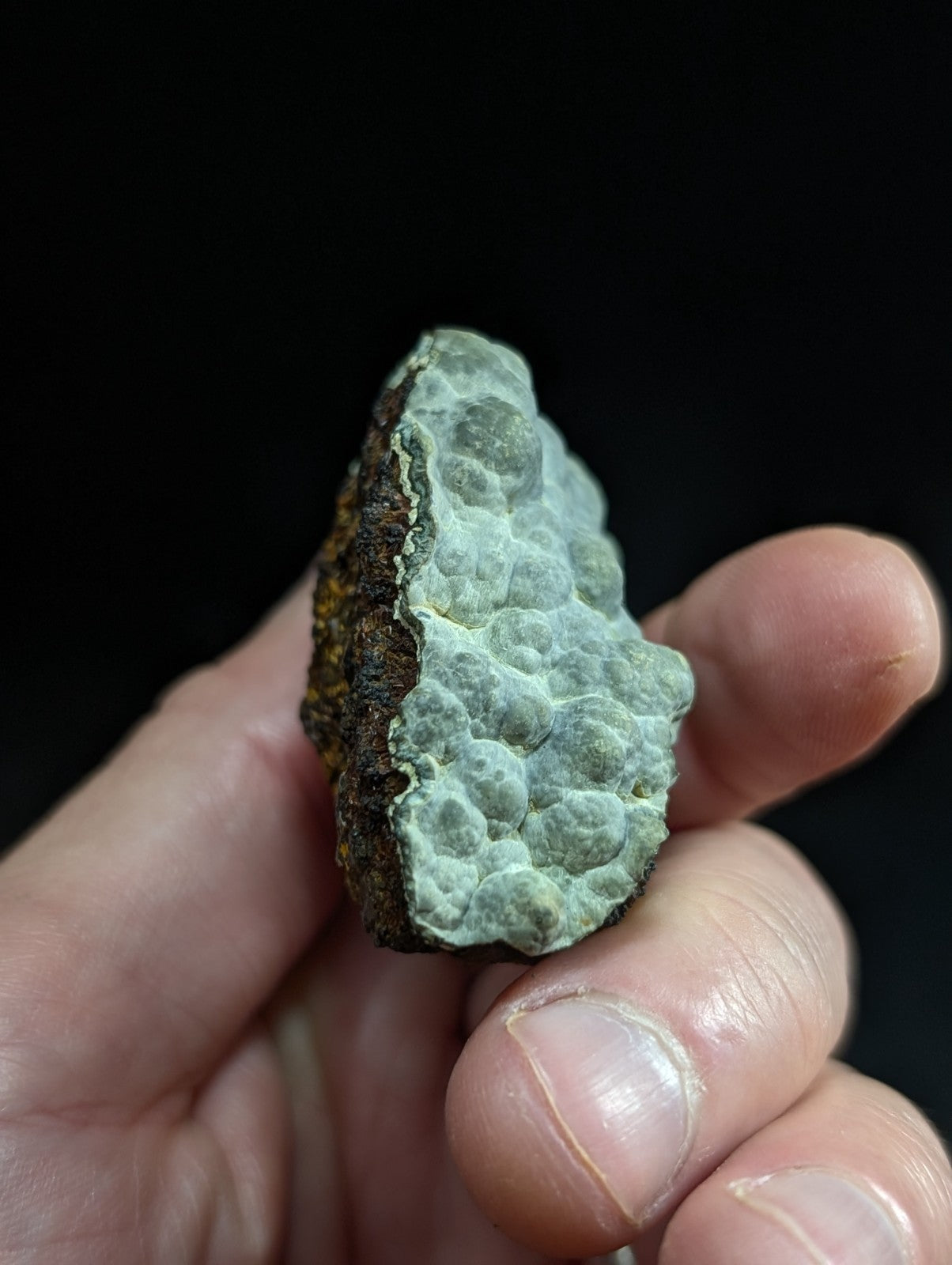 A hand holds a rough, irregularly shaped mineral specimen with a textured surface featuring light greenish-gray nodules and dark brown to black crusty edges.