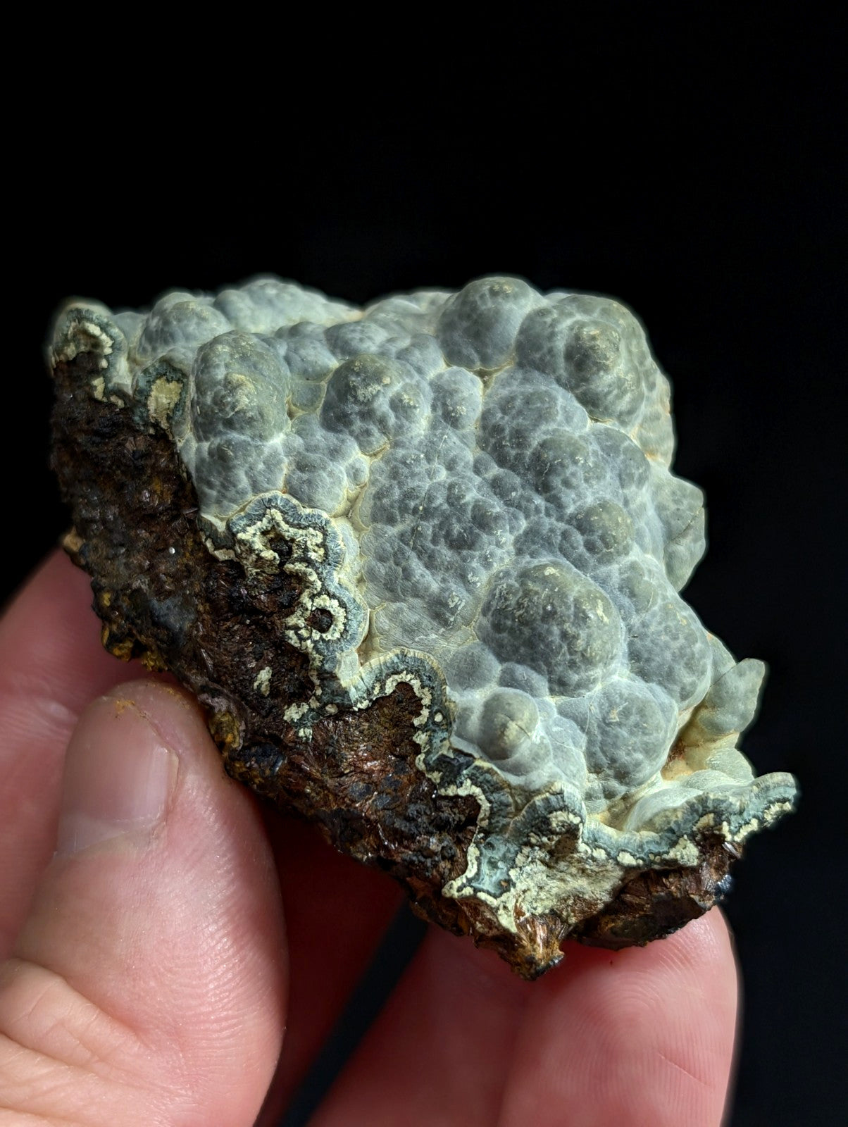 A textured, light gray and white mineral specimen with a bumpy surface held in hand.