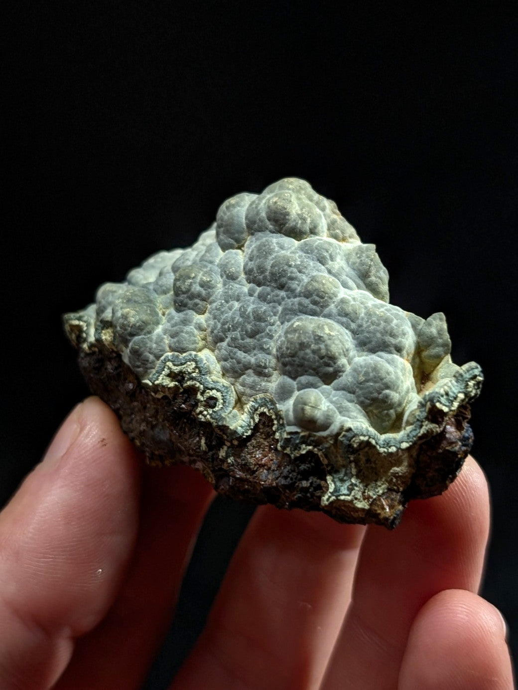 A textured, light greenish-gray mineral specimen with a bumpy, bubble-like surface and darker brown edges.