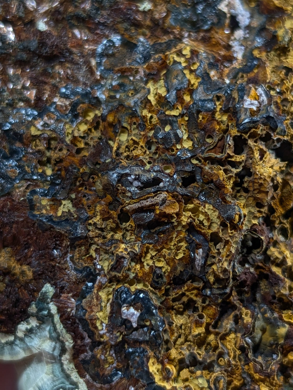 A rugged, naturally occurring mineral specimen with a complex surface featuring swirling patterns of deep brown, golden yellow, and dark blue-black hues.