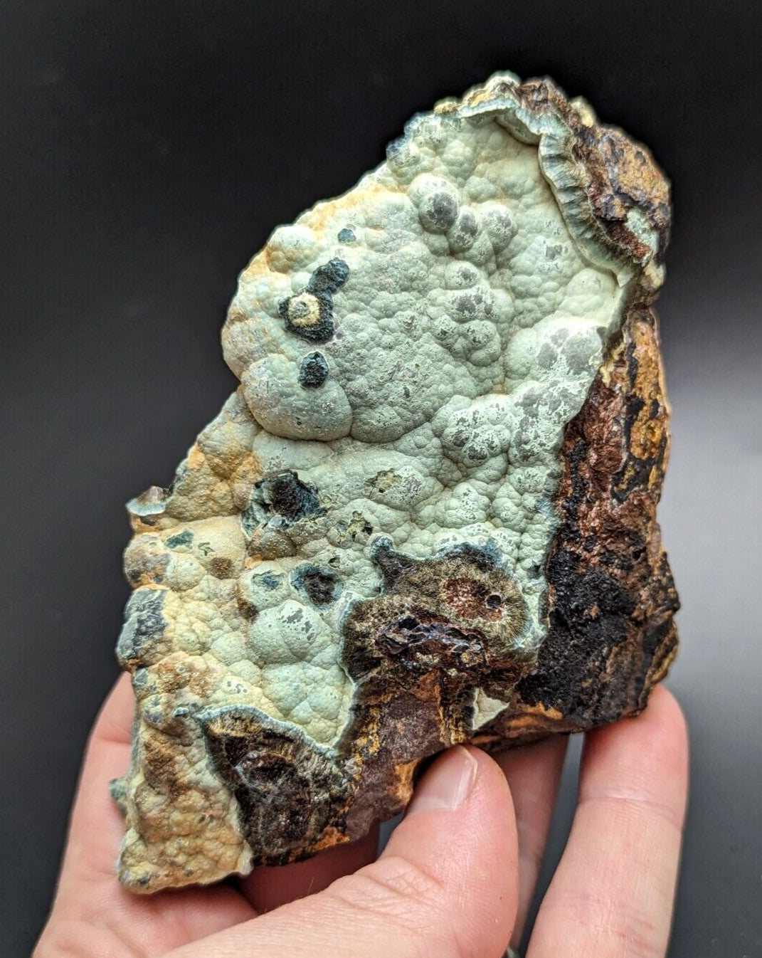 A textured, irregularly shaped mineral specimen with a pale greenish-gray surface featuring bumpy, rounded protrusions and patches of dark brown and black material.
