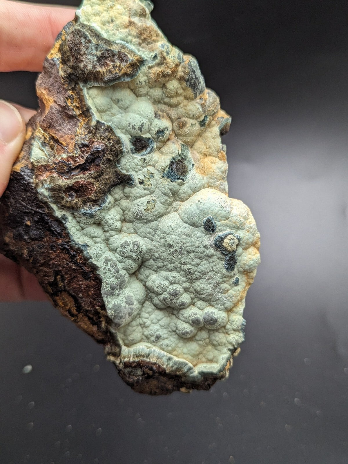 A rugged, irregularly shaped piece of natural rock with a textured surface featuring patches of pale greenish-gray lichen and darker brown, rust-colored areas.