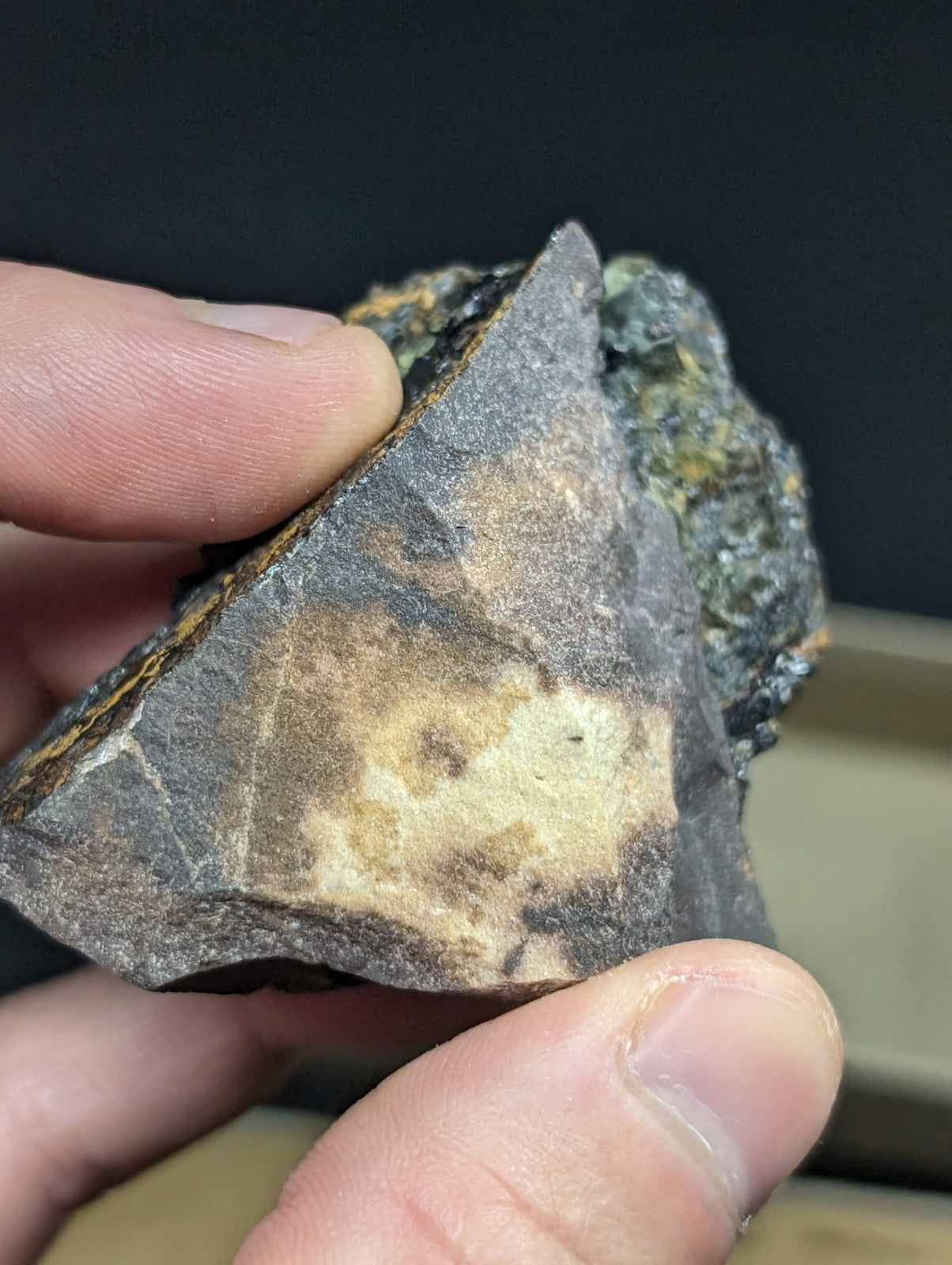 A rugged, dark gray meteorite with a rough, irregular surface featuring patches of lighter brown and beige mineral inclusions.