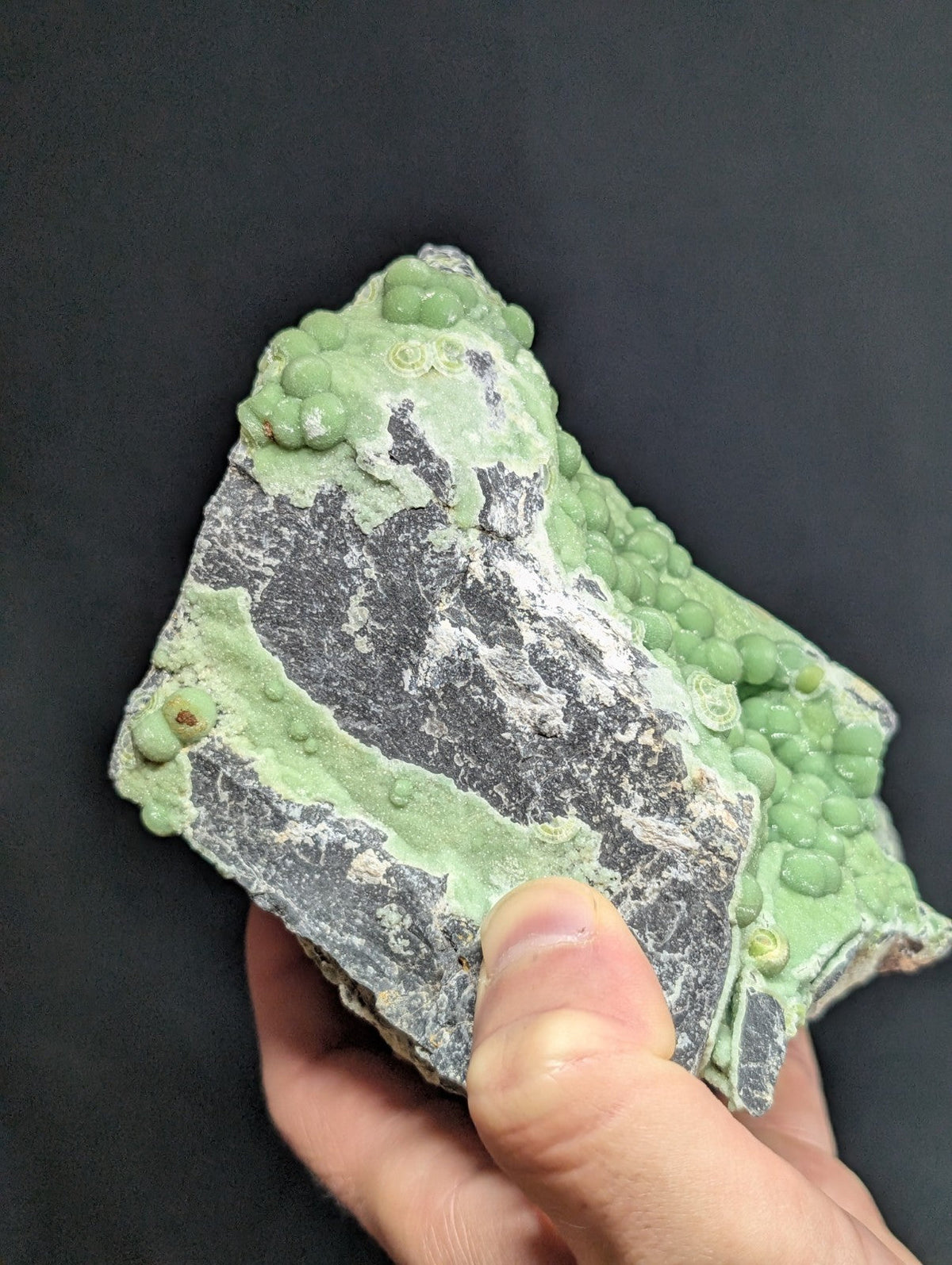A hand holds a rough, irregularly shaped mineral specimen featuring patches of dark gray rock overlaid with vibrant green, bumpy formations resembling small spheres.