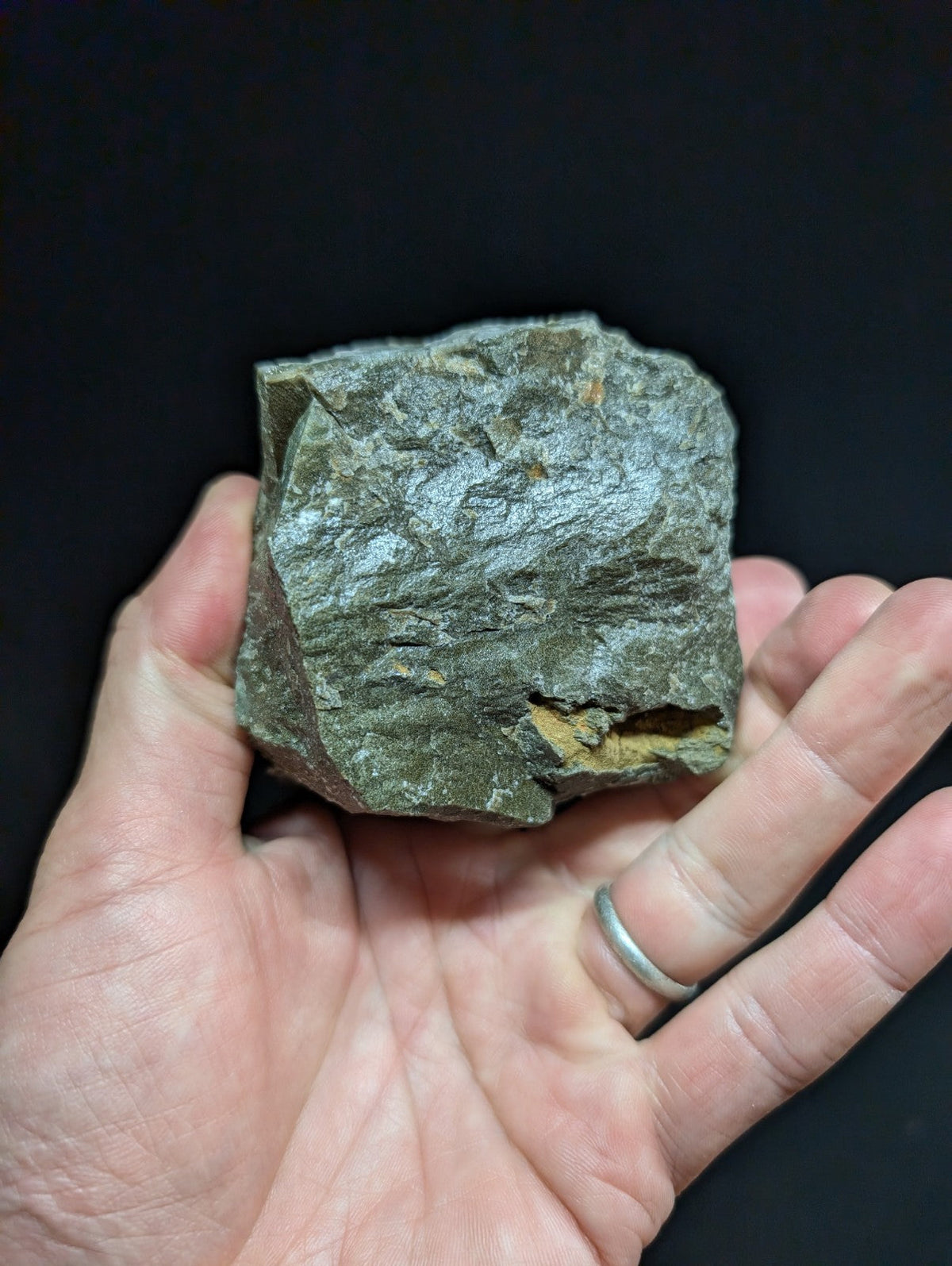 A rough, irregularly shaped greenish-gray rock with a slightly shiny surface and small yellow inclusions.