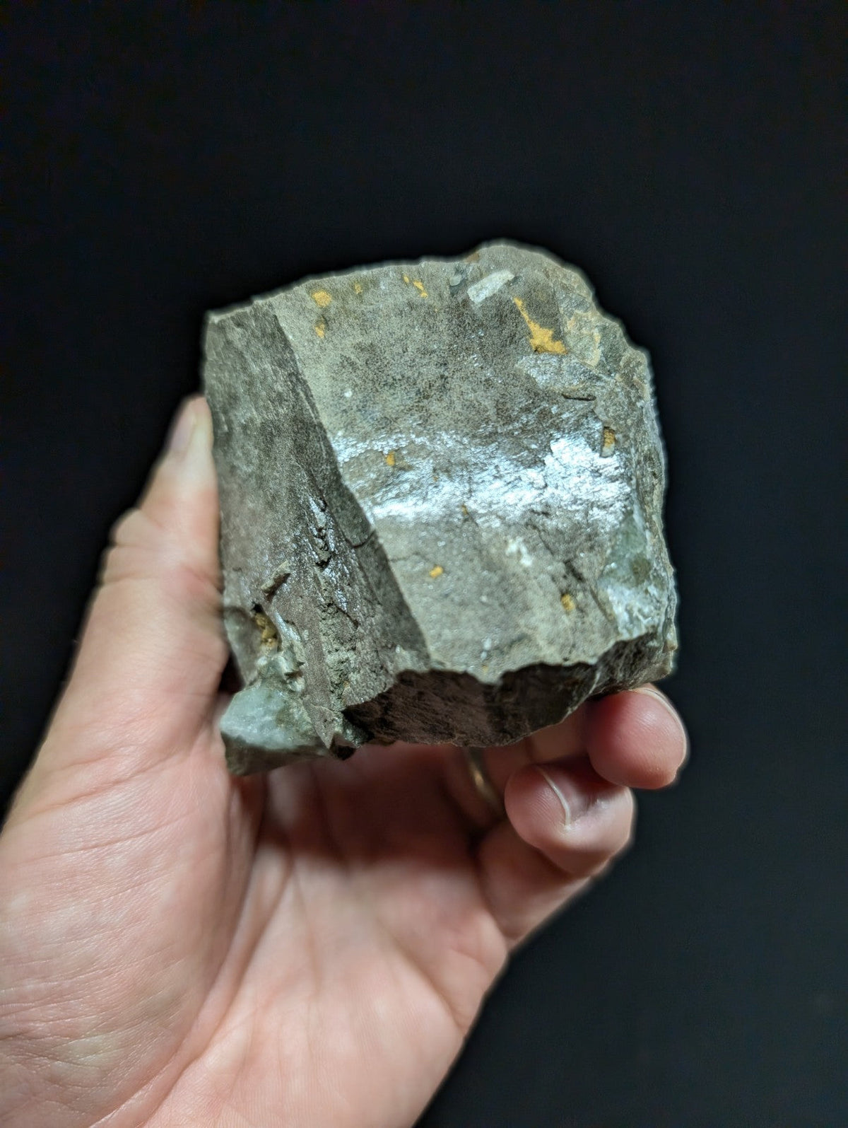 A rough, irregularly shaped gray rock with subtle yellow mineral inclusions and a slightly reflective surface.
