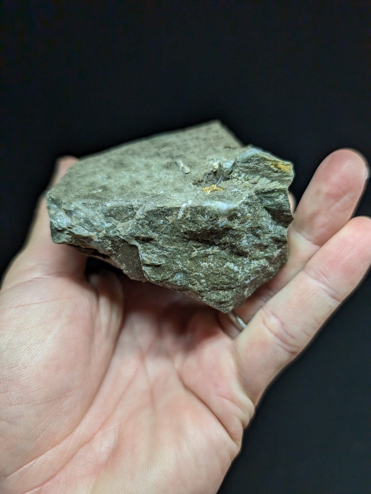 A rough, irregularly shaped gray rock with subtle greenish undertones and small patches of yellow mineral streaks.