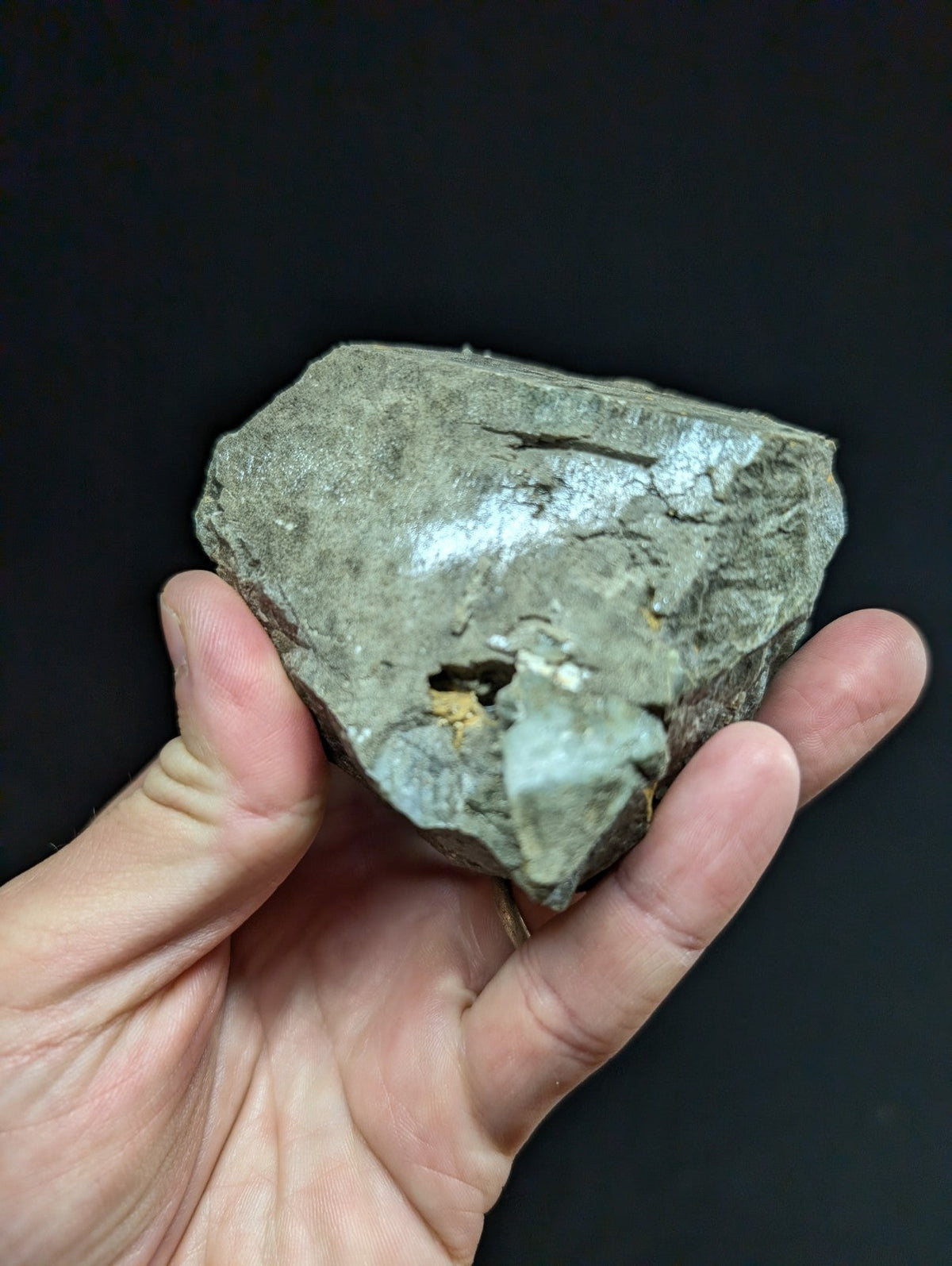 A rough, grayish-green rock with a slightly shiny surface and visible cracks.