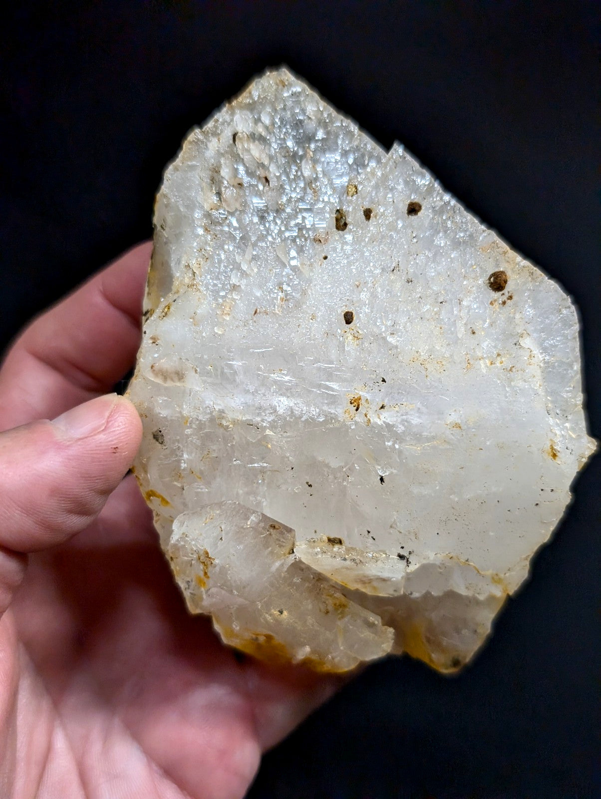 A translucent, irregularly shaped quartz crystal with a milky white core and golden-yellow mineral inclusions along its edges.